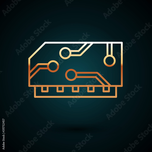 Gold line RAM, random access memory icon isolated on dark blue background. Vector Illustration