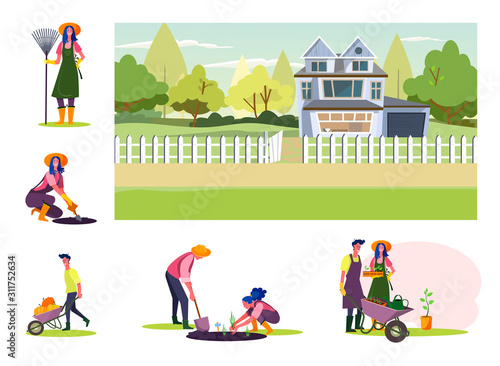 Set of young people working at orchard. Flat vector illustrations of young people planting, watering plants, gazering harvest. Own farm concept for banner, website design or landing web page