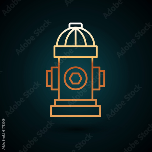 Gold line Fire hydrant icon isolated on dark blue background. Vector Illustration