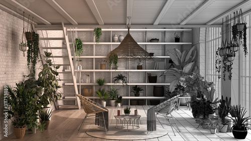 Architect interior designer concept: unfinished project that becomes real, modern conservatory, winter garden interior design, lounge, armchairs. Relax space full of potted plants photo