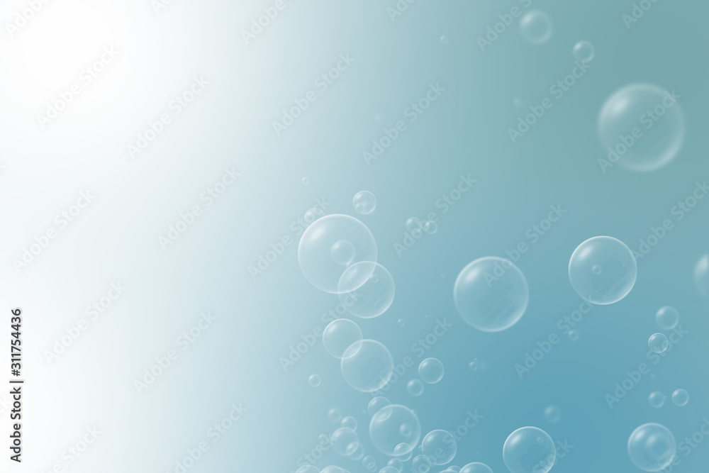 Right Soap bubbles on blue natural background for kid and spring