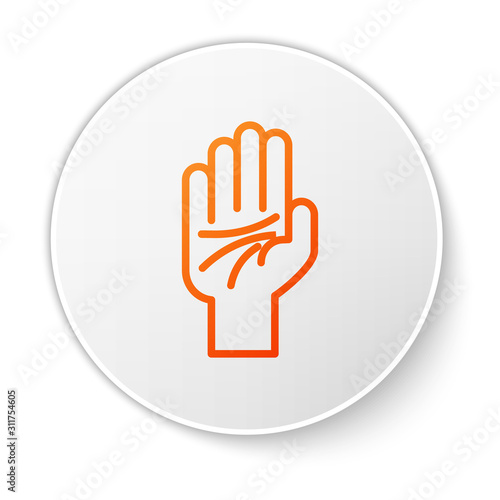 Orange line Palmistry of the hand icon isolated on white background. White circle button. Vector Illustration