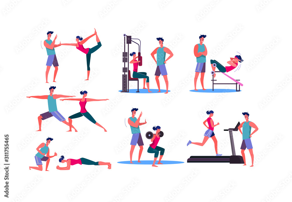 Set of sporty woman training at gym. Flat vector illustrations of young sportswoman training with trainer. Sport concept for banner, website design or landing web page
