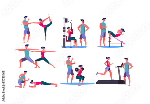 Set of sporty woman training at gym. Flat vector illustrations of young sportswoman training with trainer. Sport concept for banner  website design or landing web page