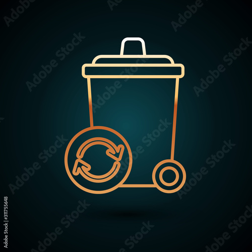 Gold line Recycle bin with recycle symbol icon isolated on dark blue background. Trash can icon. Garbage bin sign. Recycle basket sign. Vector Illustration