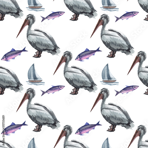 Watercolor seamless pattern with pelican hand drawing decorative background. Print for textile, cloth, wallpaper, scrapbooking