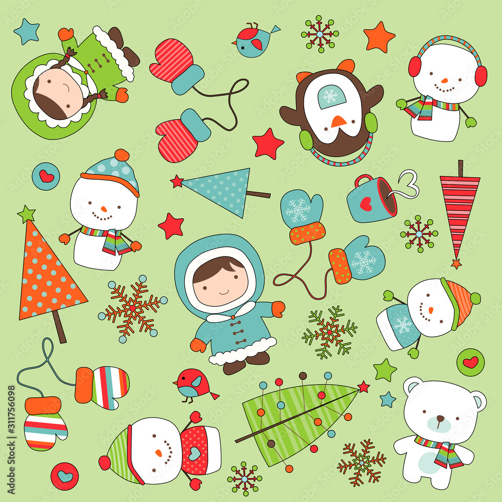 Cartoons and icons design so cute Christmas festival, flat line vector and illustration.