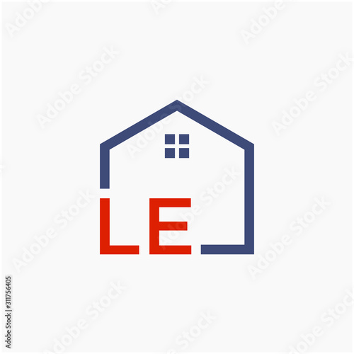 letter LE with  home element. initial L E Real Estate concept. Construction logo template, Home and Real Estate icon. Housing Complex Simple Vector Logo Template. - vector