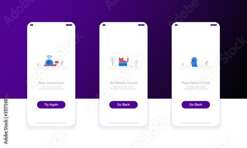 Illustration of onboarding screens or empty states. Slow connection, no result found,  page doesn't exist. Modern flat design concept ui.