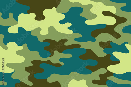 Seamless classic camouflage pattern. Camo fishing hunting vector background. Masking green blue black brown color military texture wallpaper. Army design for fabric paper vinyl print.