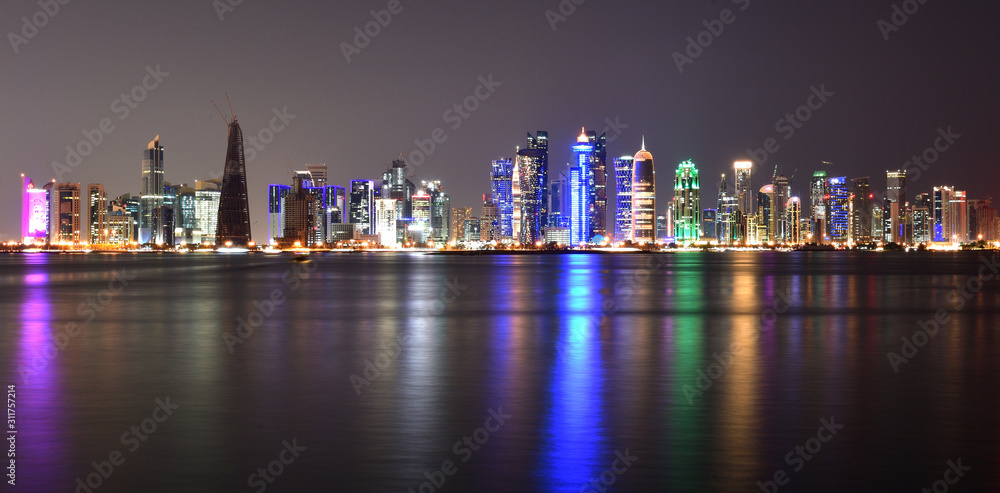 West Bay panorama at night from the Gulf in Qatar, Doha