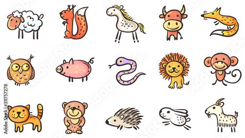 Fototapeta Naklejka Na Ścianę i Meble -  Set of small sketchy animals, vector clipart