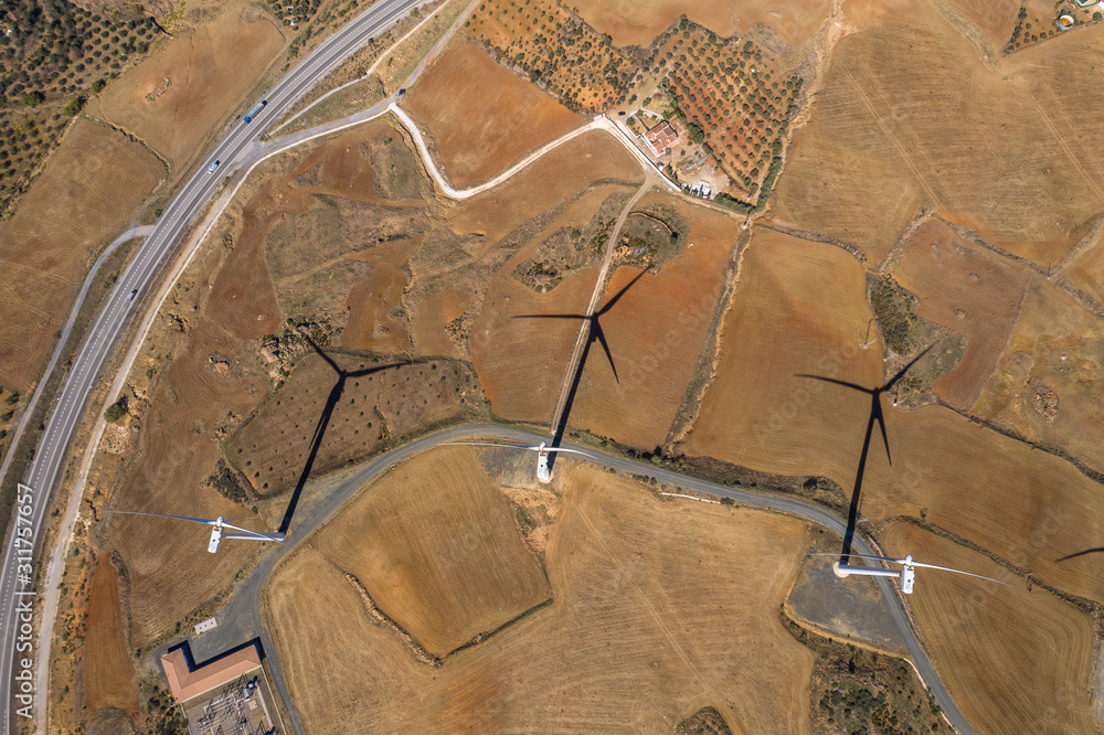 Aerial view of wind generators in Spain - obrazy, fototapety, plakaty 