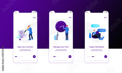 Illustration of job vacancy application onboarding screen. Sign contract, managing time, happy workplace. Modern flat design concept.