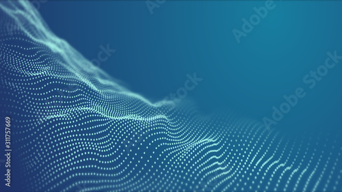 3D rendering Technology abstract digital blue particle mesh flow on blue background