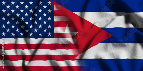 National flag of the United States with Cuba on a waving cotton texture background