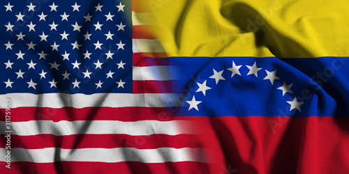 National flag of the United States with Venezuela on a waving cotton texture background