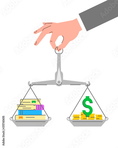 Education loan concept. Flat linear conceptual vector illustration of savings for college or university. Male hand holding balance scales with stack of books and money