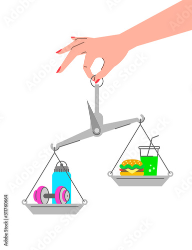 Fitness vs fast food concept. Healthy lifestyle flat vector conceptual illustration. Weight loss challenge. Balance scales with dumbbell and junk food. Physical exercises against unhealthy diet