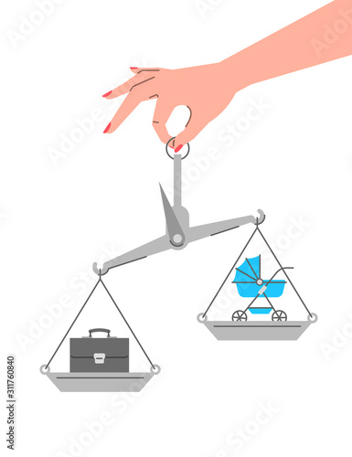 Woman chooses between professional and personal life. Career vs family. Flat linear concept. Conflict between work and motherhood. Female hand holds balance scales with briefcase and baby carriage