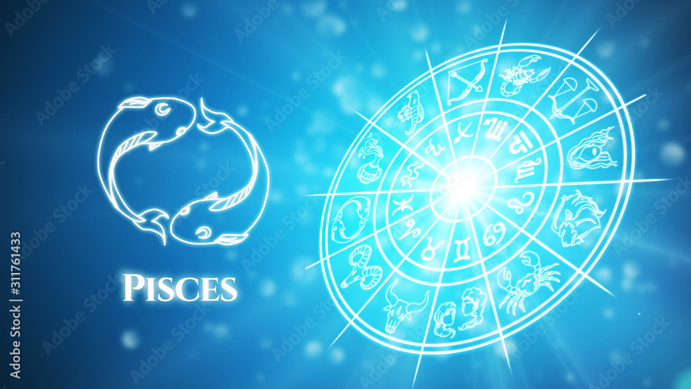 Pisces zodiac constellation icons signs with zodiac wheel background