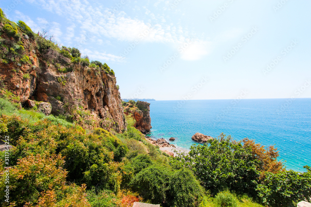 Naklejka premium View of the Mediterranean Sea from the top of the mountain. Antalya, Turkey, April 6, 2019.