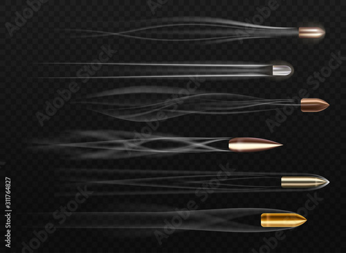 Set of bullets on transparent. Realistic gun trail