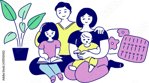 子供２人と両親の４人家族のポートレイト。リビングにて。シンプルでフラットなベクターイラスト。