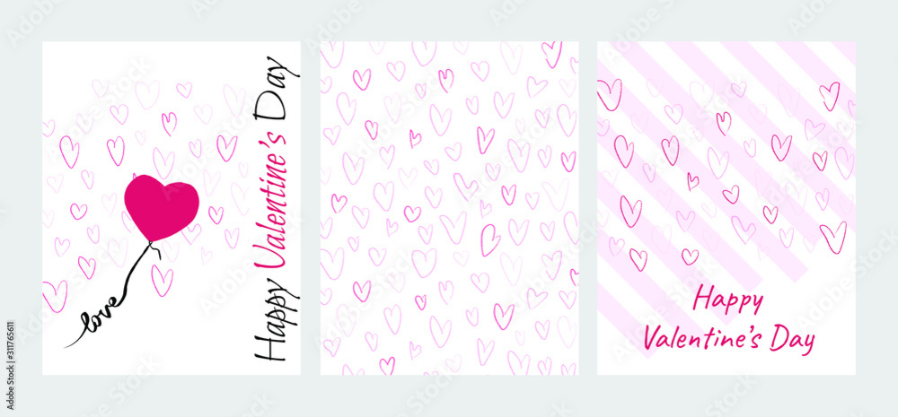 Vector Valentine's greeting cards set. Pink hearts with text on a white background
