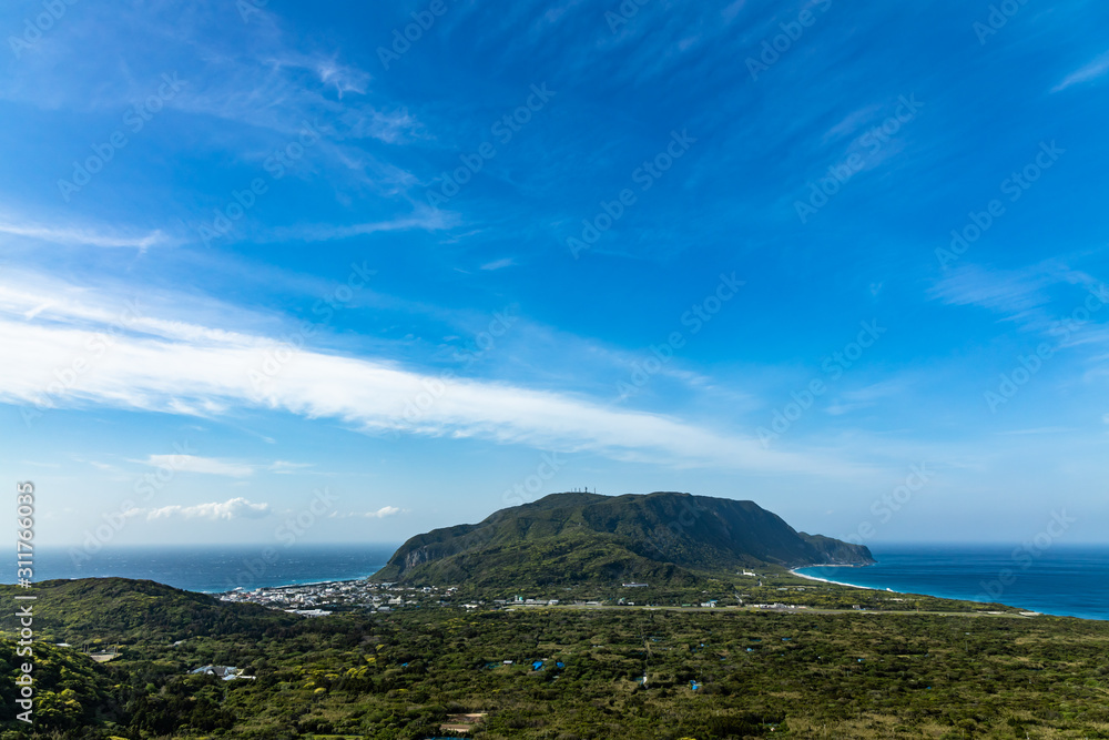 Panoramic landscape view of Niijima island Japan
