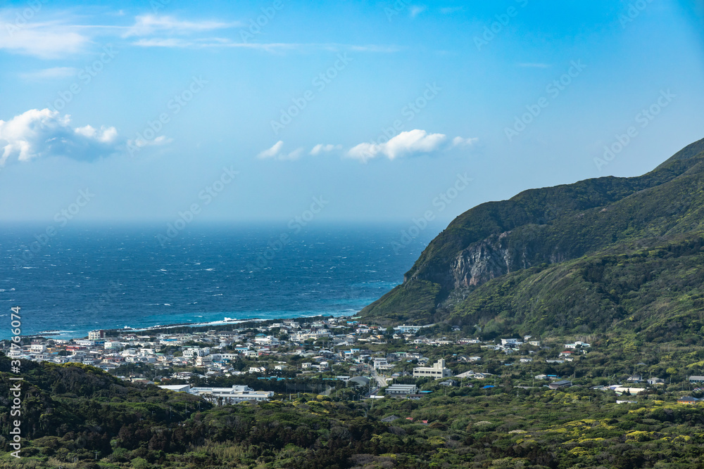 Panoramic landscape view of Niijima island Japan