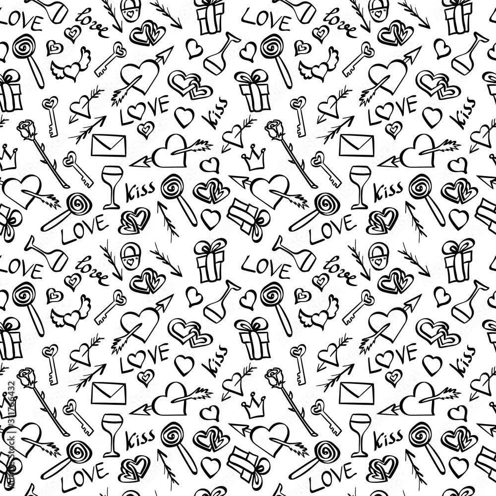 Seamless pattern with doodle Valentine day elements. Love outline hand drawn objects. Vector illustration.