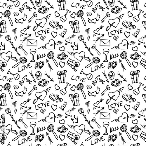 Fototapeta Naklejka Na Ścianę i Meble -  Seamless pattern with doodle Valentine day elements. Love outline hand drawn objects. Vector illustration.