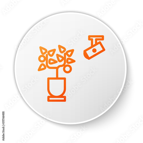 Orange line Smart farming technology - farm automation system in app icon isolated on white background. White circle button. Vector Illustration