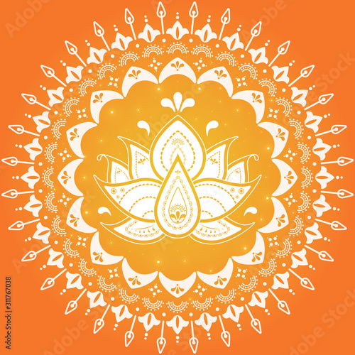 Floral mandala with lotus on orange background. Festive folk floral line art
