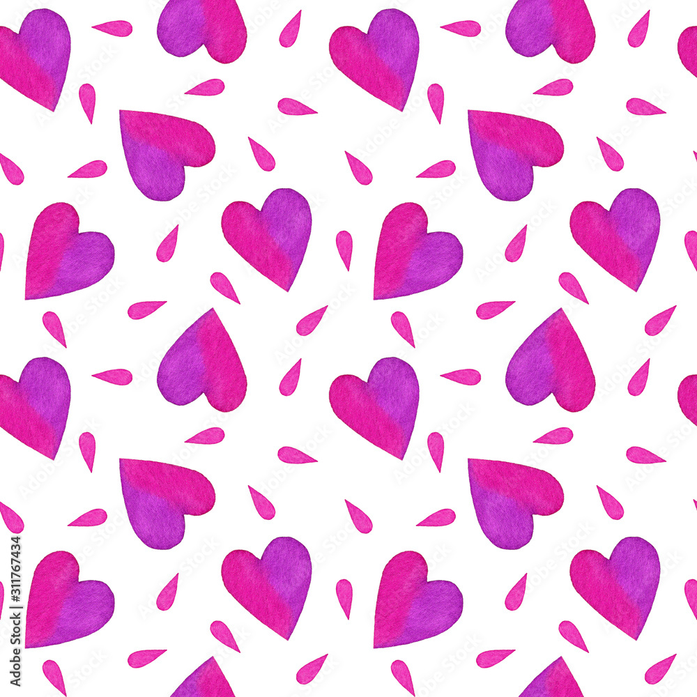 Seamless pattern with pink and purple hearts and petals, valentine’s day pattern, heart background, watercolor hand painted pattern Seamless pattern with pink and purple hearts and petals, valentine’s day pattern, heart background, watercolor hand painted pattern