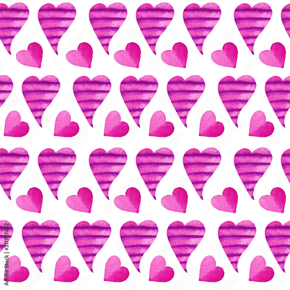 Seamless pattern with pink and purple hearts, valentine’s day pattern, heart background, watercolor hand painted pattern