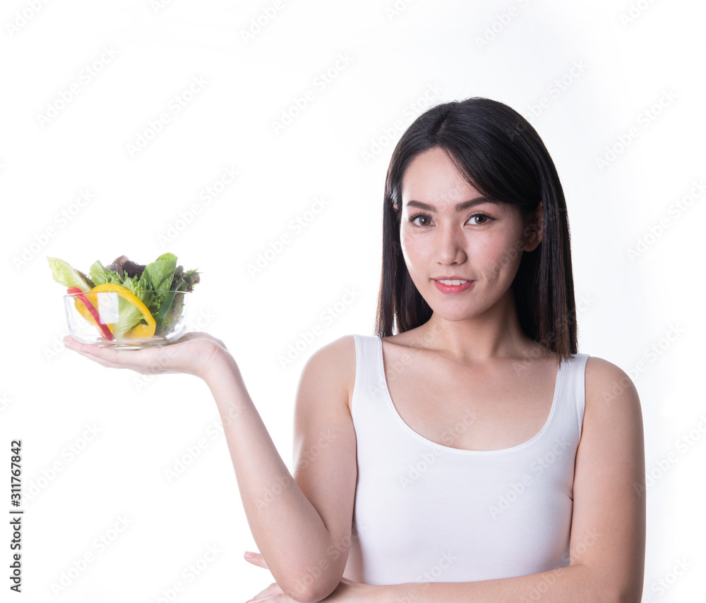 Healthy asia woman with salad Isolated on white Healthy asia woman with salad Isolated on white