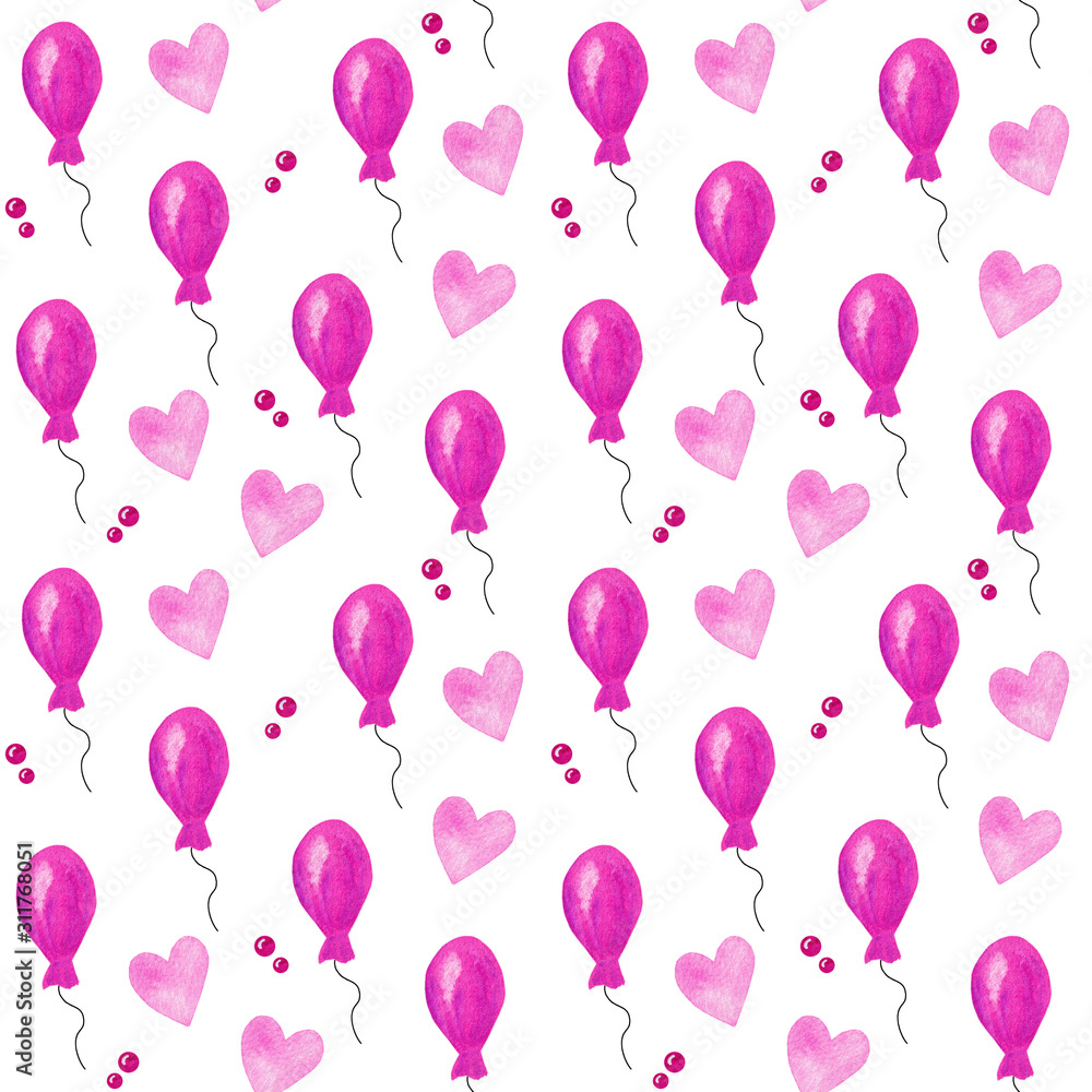 Seamless pattern with pink hearts balloons and bubbles, valentine’s day pattern, heart background, watercolor hand painted pattern