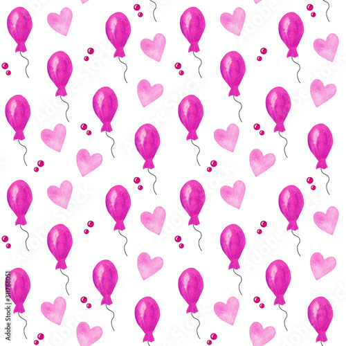 Seamless pattern with pink hearts balloons and bubbles, valentine’s day pattern, heart background, watercolor hand painted pattern