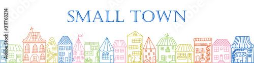Color vector in doodle style. Collection of cute hand drawn houses. All objects isolated on white. For kids design.Outline drawing. Concept for banner or basement with street of small town with houses