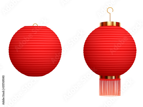 Set of hanging red Chinese lanterns isolated on white background. Traditional chinese lanterns. Vector illustration