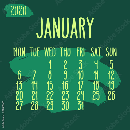 January year 2020 paint stroke monthly calendar