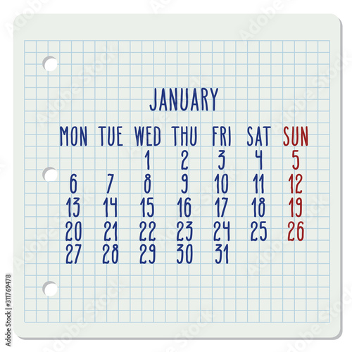 January year 2020 monthly notebook page calendar