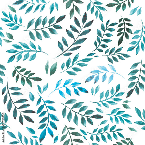 stock illustration. seamless pattern. leaves isolated on a white background. watercolor drawing by hands color classic blue. Ornament, background for wallpaper, wrappers, textile, ceramic design.