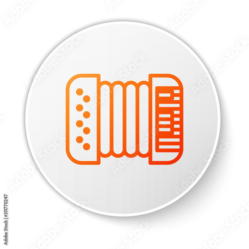 Orange line Musical instrument accordion icon isolated on white background. Classical bayan, harmonic. White circle button. Vector Illustration