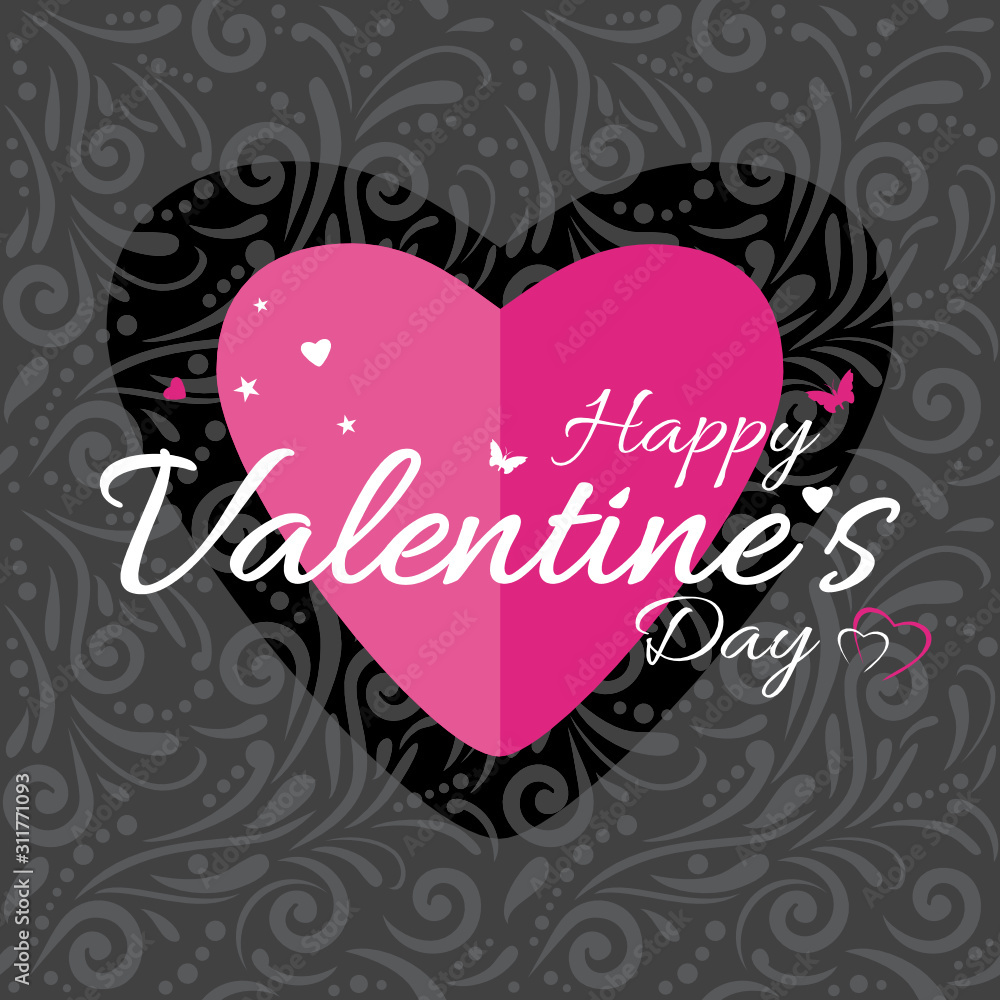Dark gray ornamental background with pink heart. Label to the Valentines Day