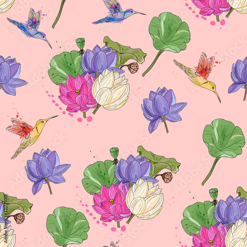 Elegant seamless pattern with hummingbirds and lotuses. Imitation of watercolor, background with tropical birds and water lilies.