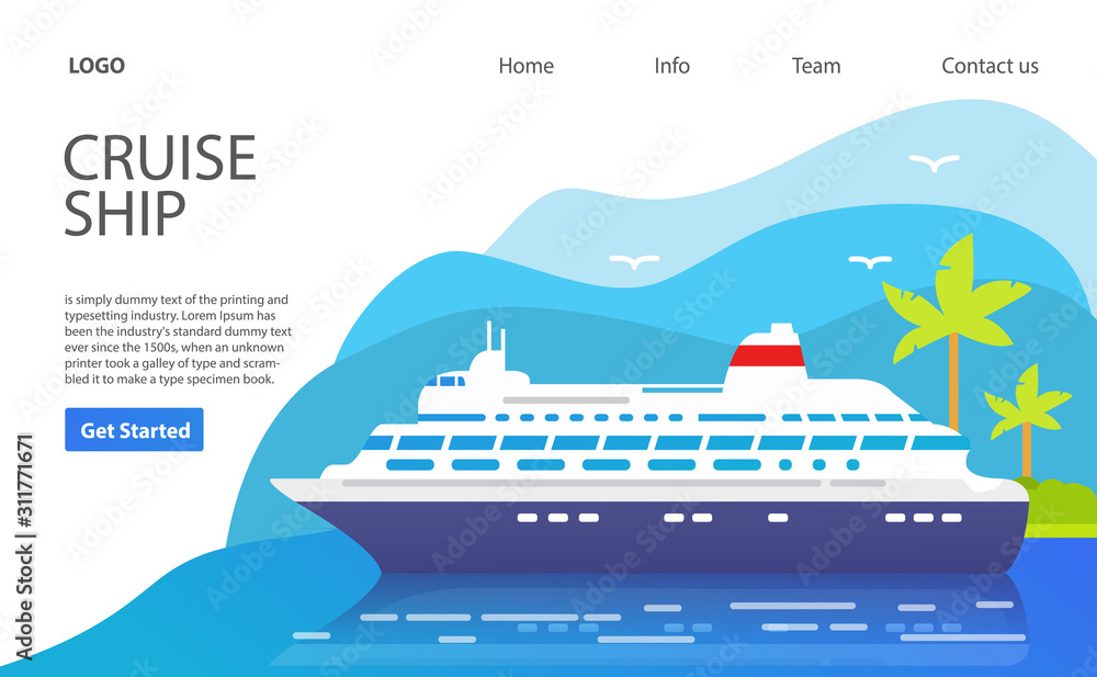  Cruise ship.Landing page template.Web page.Website template.Island with palm trees.Summer travel vacation.Flat vector.