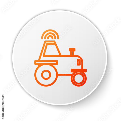 Orange line Self driving wireless tractor on a smart farm icon isolated on white background. Smart agriculture implement element. White circle button. Vector Illustration
